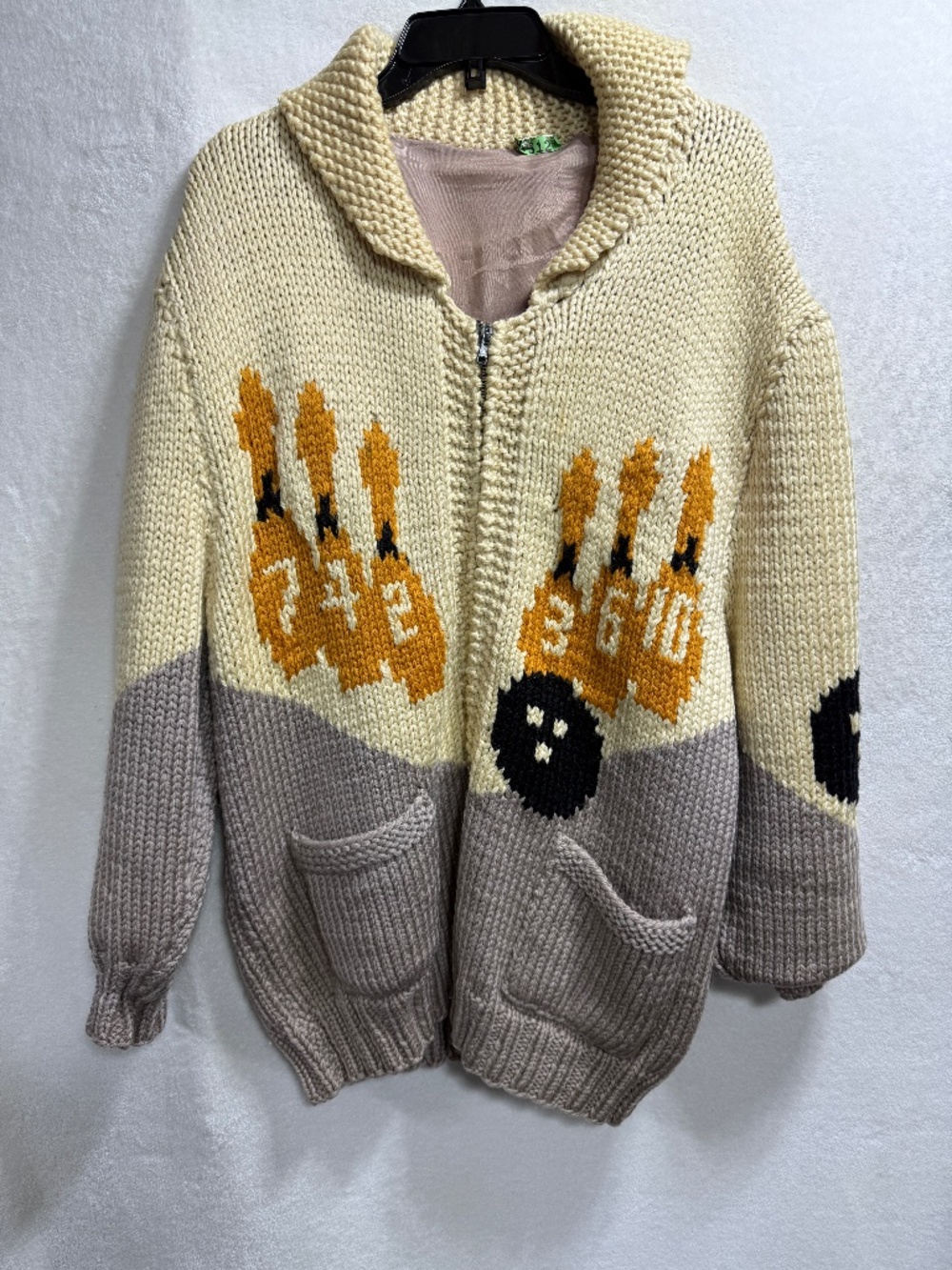 Vintage 1950s Bowling Shawl Collar Hand Knit Cardigan Men's Large Sweater Rare